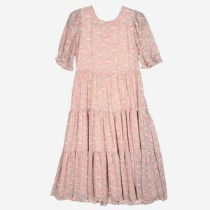 Melloday Pink Floral Tiered Maxi Dress Puff Sleeve Sheer Y2K XS fairy babydoll